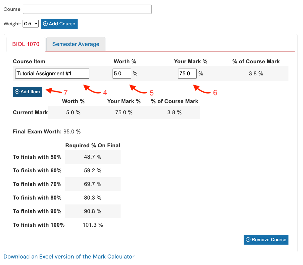 Adding items in mark calculator. The Course Item field has the value of "Tutorial Assignment #1", the Worth field has the value "5.0", the Your Mark field has the value "75.0".