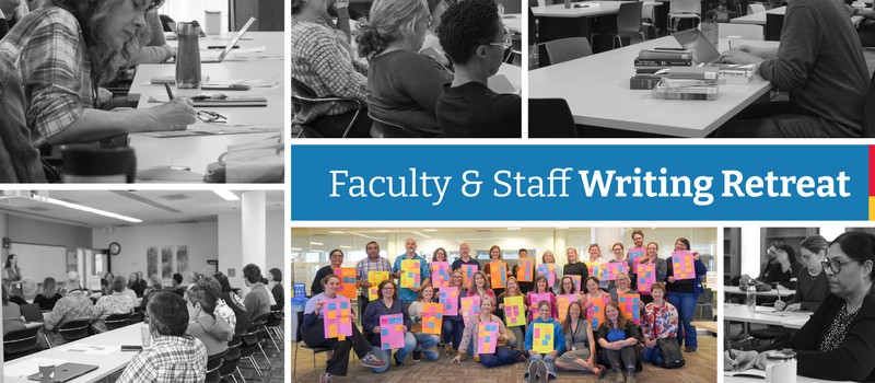 Images from Faculty and Staff Writing Retreat 2025 where folks are writing their on paper, listening to seminars, typing on laptops, or gathered together as a group.
