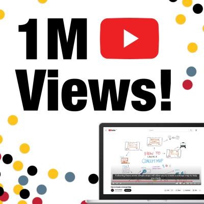 Celebrating 1 million views on YouTube. A laptop in the bottom right corner of the graphic has the opening screen of the How to Create a Concept Map video. This video recently reached over 1 million views on the U of G Library's YouTube channel. 