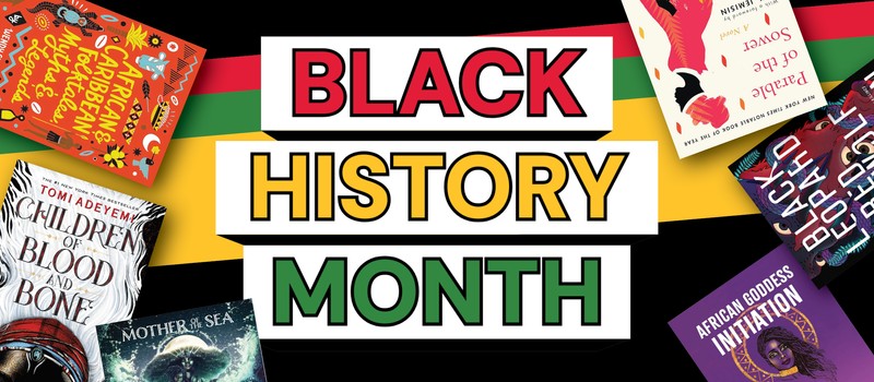 Black History Month is written stacked in the centre of the graphic with six books from the collection surrounding the text.